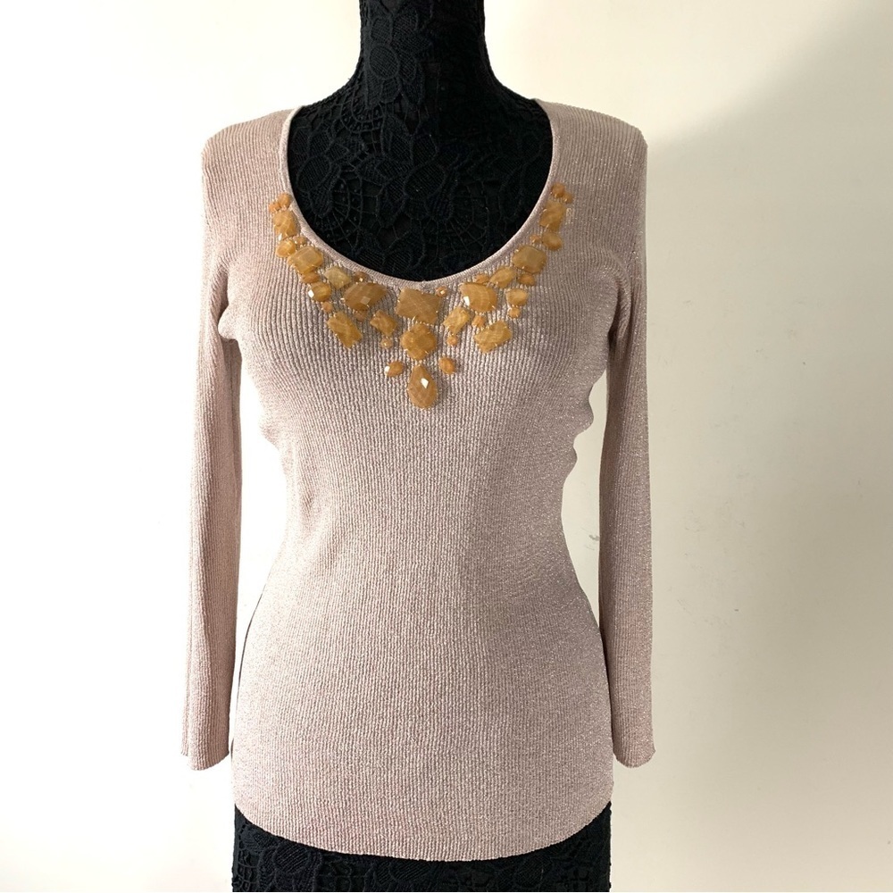 August Silk Y2K metallic pink Sweater w gold stones